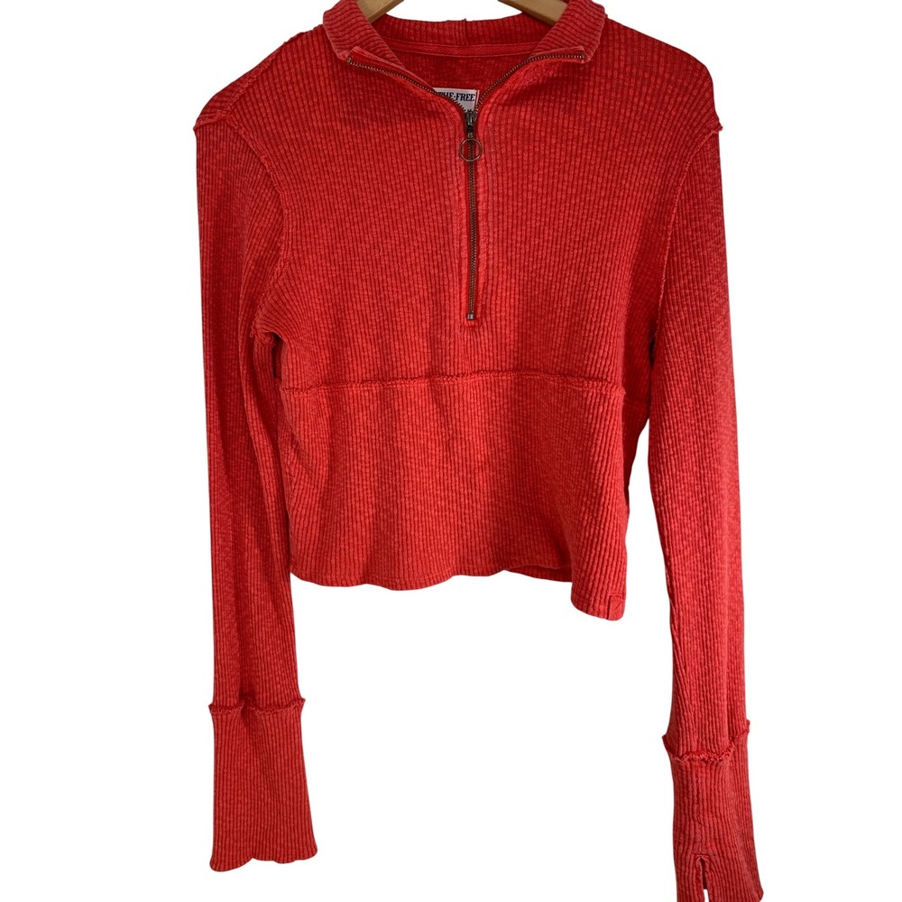 We The Free Red Long Sleeve Half-Zip Ribbed Tee
